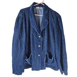 Chicos Blue Velvet Crinkle Button-Up Jacket Size‎ 1 Lightweight Blazer Pockets